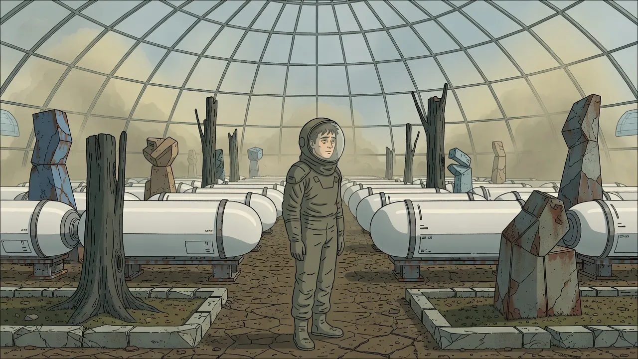 Under a vast transparent dome, a young man in a bulky protective suit stands among endless rows of white capsules, tree stumps and cracked soil, with yellow haze beyond the glass.