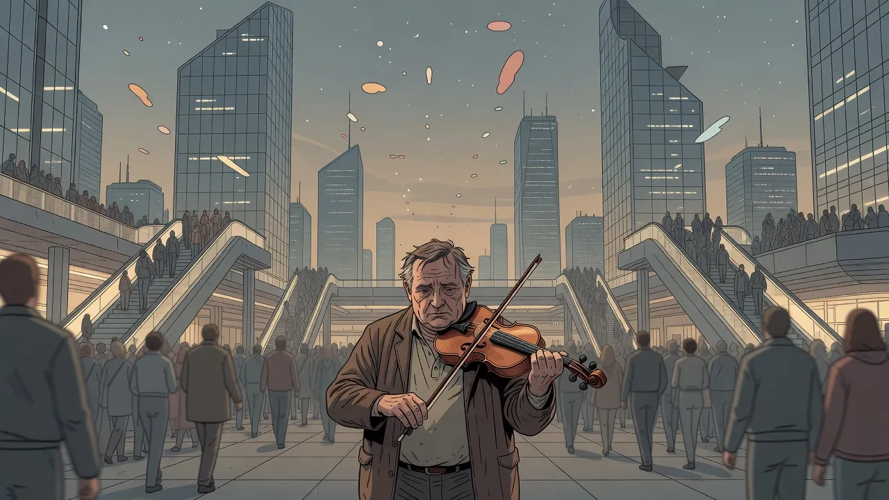 At dusk on a vast city plaza, a plump, unshaven man in a rumpled jacket plays a sleek violin while crowds stream past from glowing escalators.