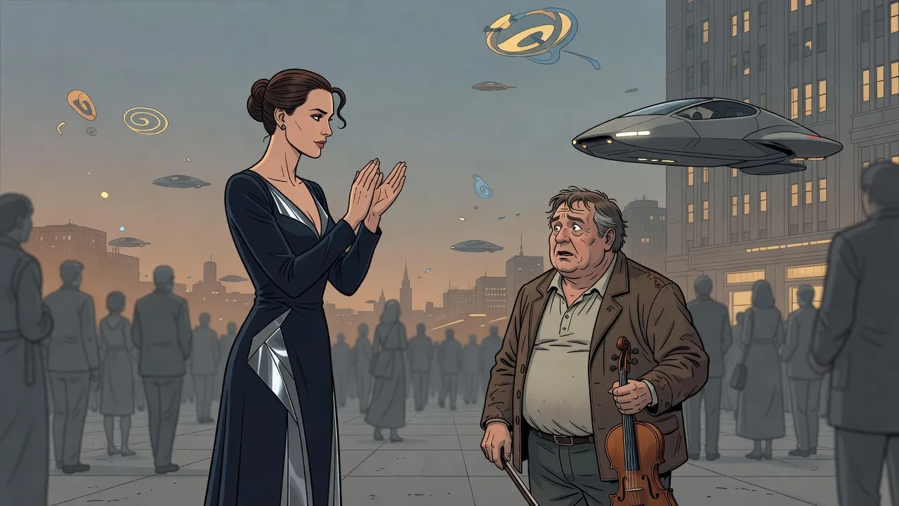 A dark-haired woman in a long dark-blue evening dress with silver panels claps for a startled, rumpled violinist as a small flying car glides down behind them.