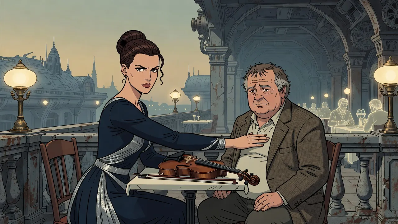 On a dim restaurant balcony a woman in a blue evening gown reaches across a table and lays her palm on the chest of a rumpled, unshaven man, a violin between them.