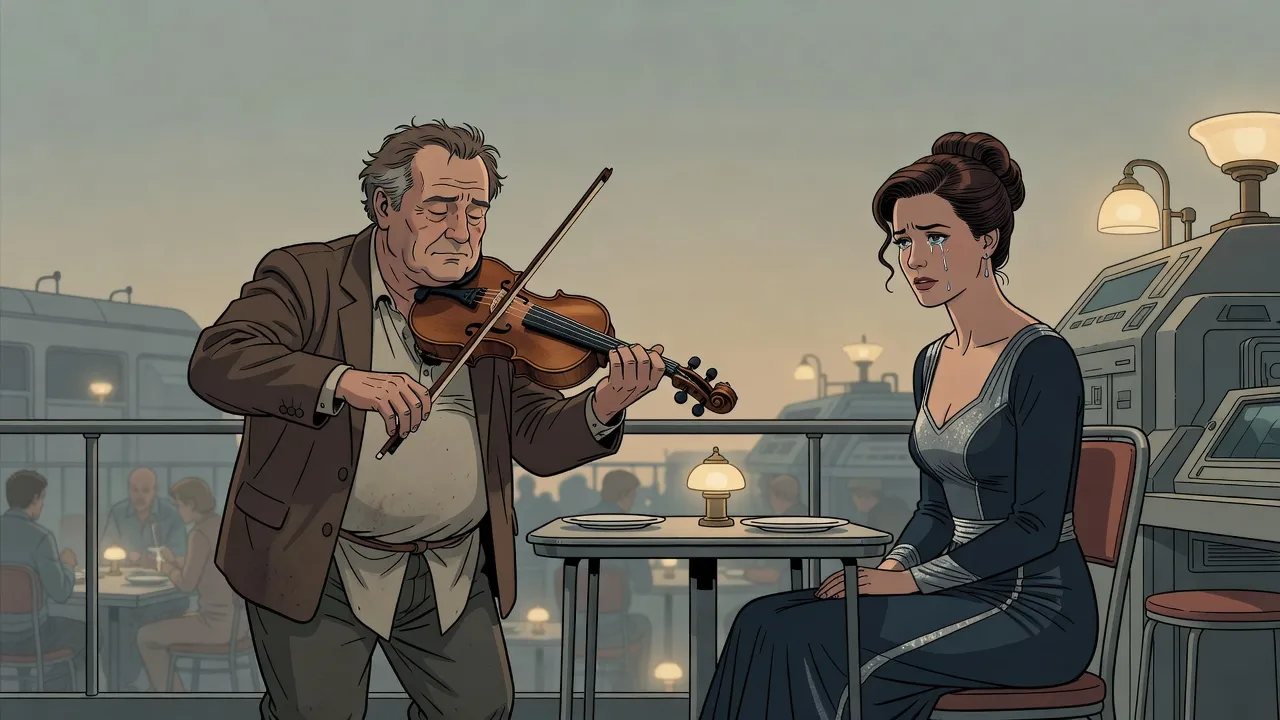 In a dim restaurant a plump man plays a violin with his eyes closed while the woman across the table weeps.