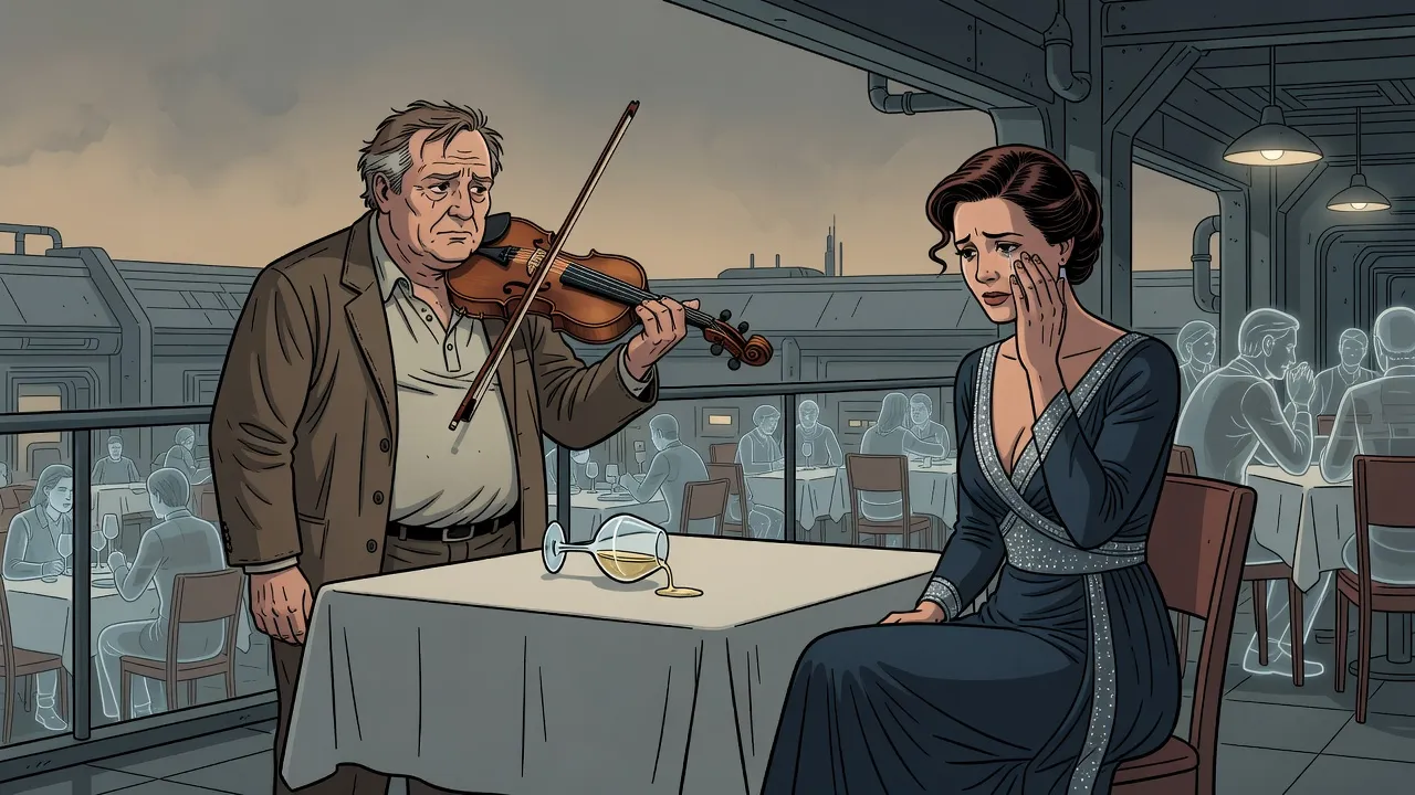 A frozen violinist stands with his violin at his shoulder as a wine glass tips over on the table and the woman opposite wipes away tears.