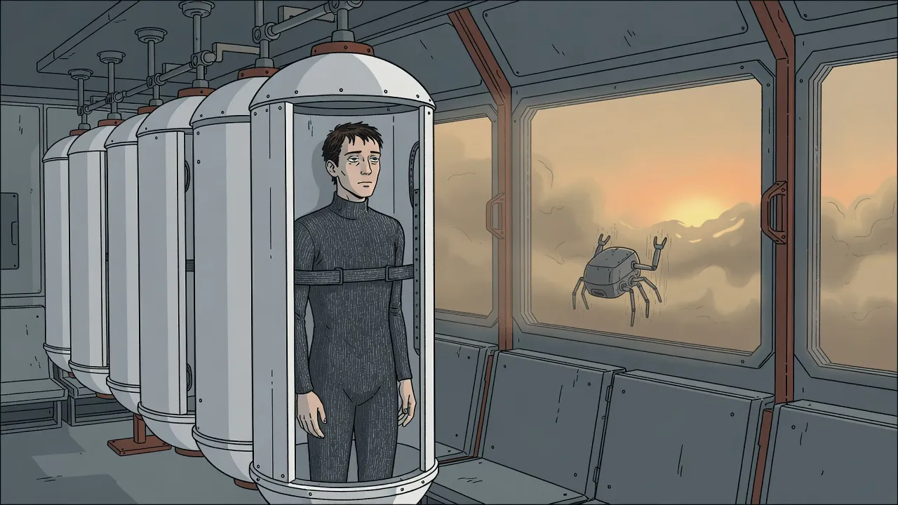 In a cramped grey flat at dawn, white capsules hang from the ceiling and a thin young man blinks awake in one that has been lowered and stood upright, while a small robot scrubs the window outside.
