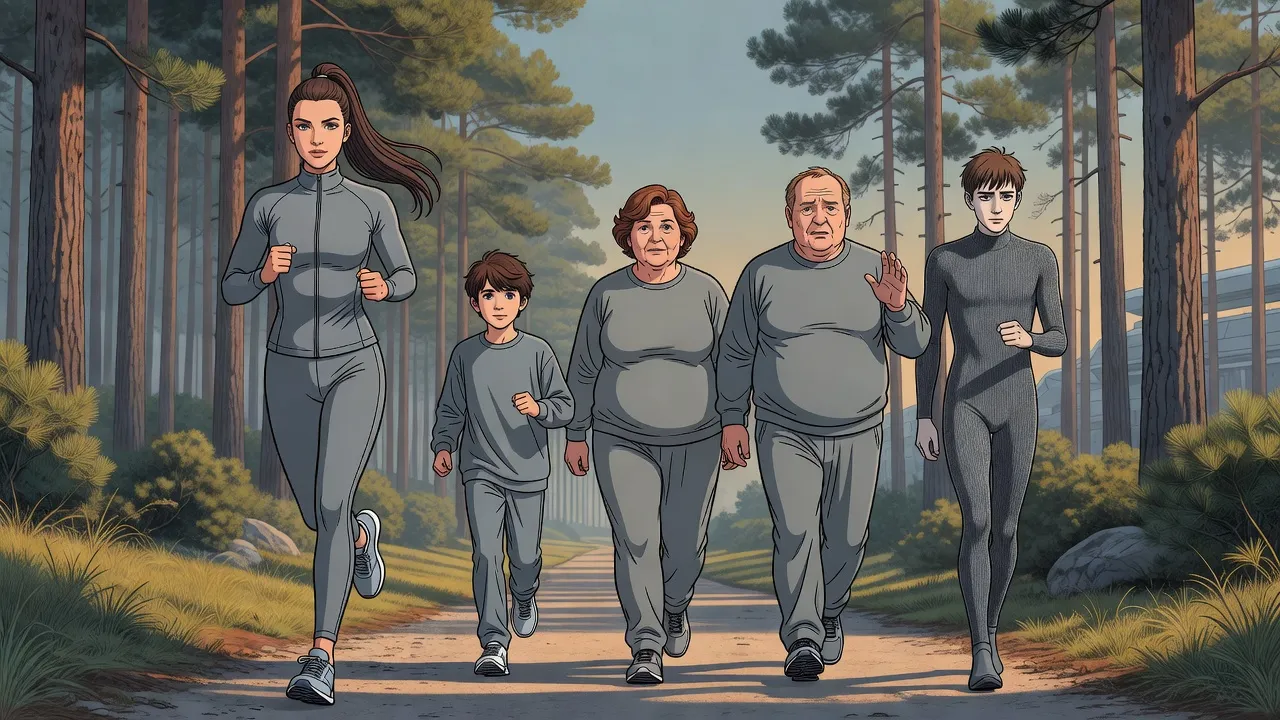 A family jogs along a sunny forest path: an athletic young woman in front, a boy beside his mother, a heavyset father with one hand raised in a tired wave, and a sullen thin young man at the back.