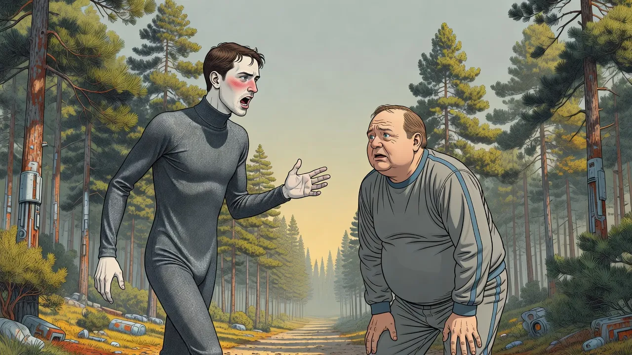 On a forest path a thin young man shouts at his stout, breathless father, who has stopped with his hands on his knees.