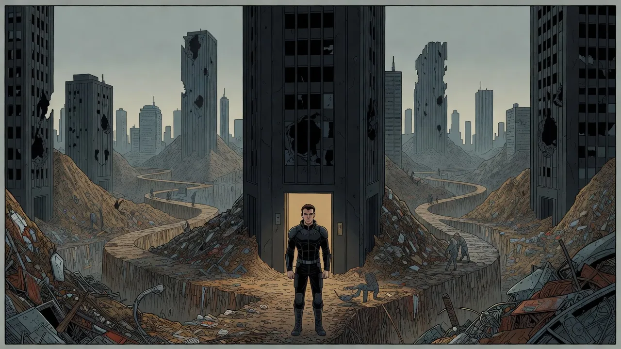 A tall, broad-shouldered young man in a black jacket stands at the door of a dark tower on a street buried under mountains of rubbish.
