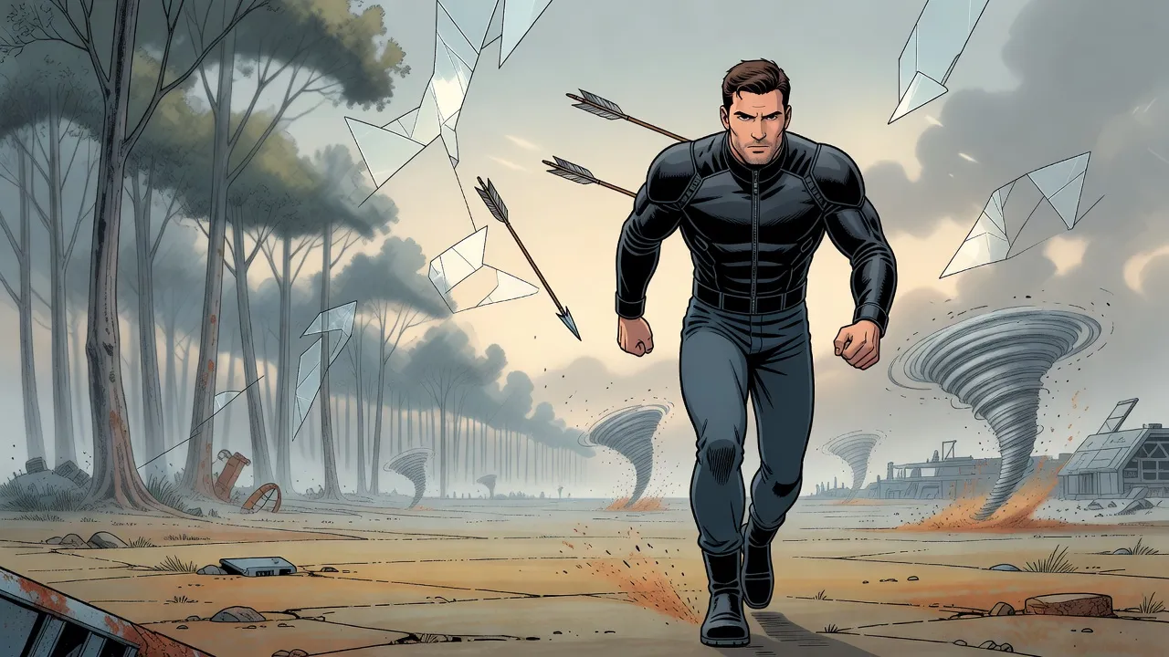 A broad-shouldered young man in black sprints across a bare plain as arrows fly past him, a fantasy forest smears into streaks, shards of the pearly sky fall and grey whirlwinds close in.