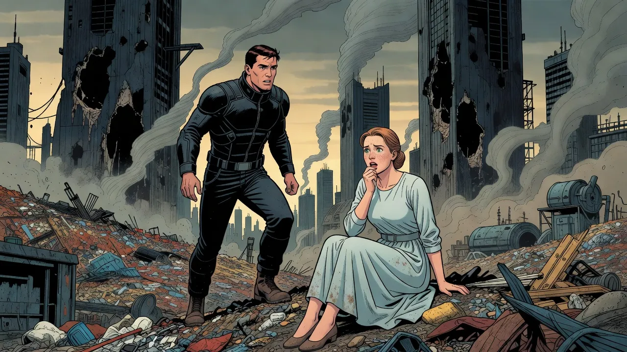 On a slope of compressed rubbish beneath dark ruined skyscrapers, a broad-shouldered young man gets up beside a young woman in a pale-blue dress who sits, coughing.