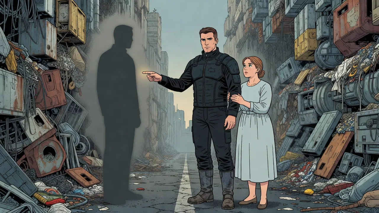 In a narrow canyon of rubbish, a featureless shadow figure stands before a broad-shouldered young man who points a finger at it while a young woman clutches his arm beside him.