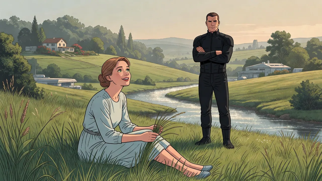 In a sunny green countryside a young woman sinks into the long grass, stroking it happily, while a broad-shouldered young man stands nearby with his arms folded.