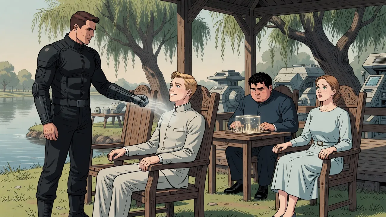 Beneath willows in a riverside gazebo, a broad-shouldered young man’s punch passes through a seated fair-haired young man while another hunches over a glowing chess cube and a young woman looks up in alarm from her armchair.
