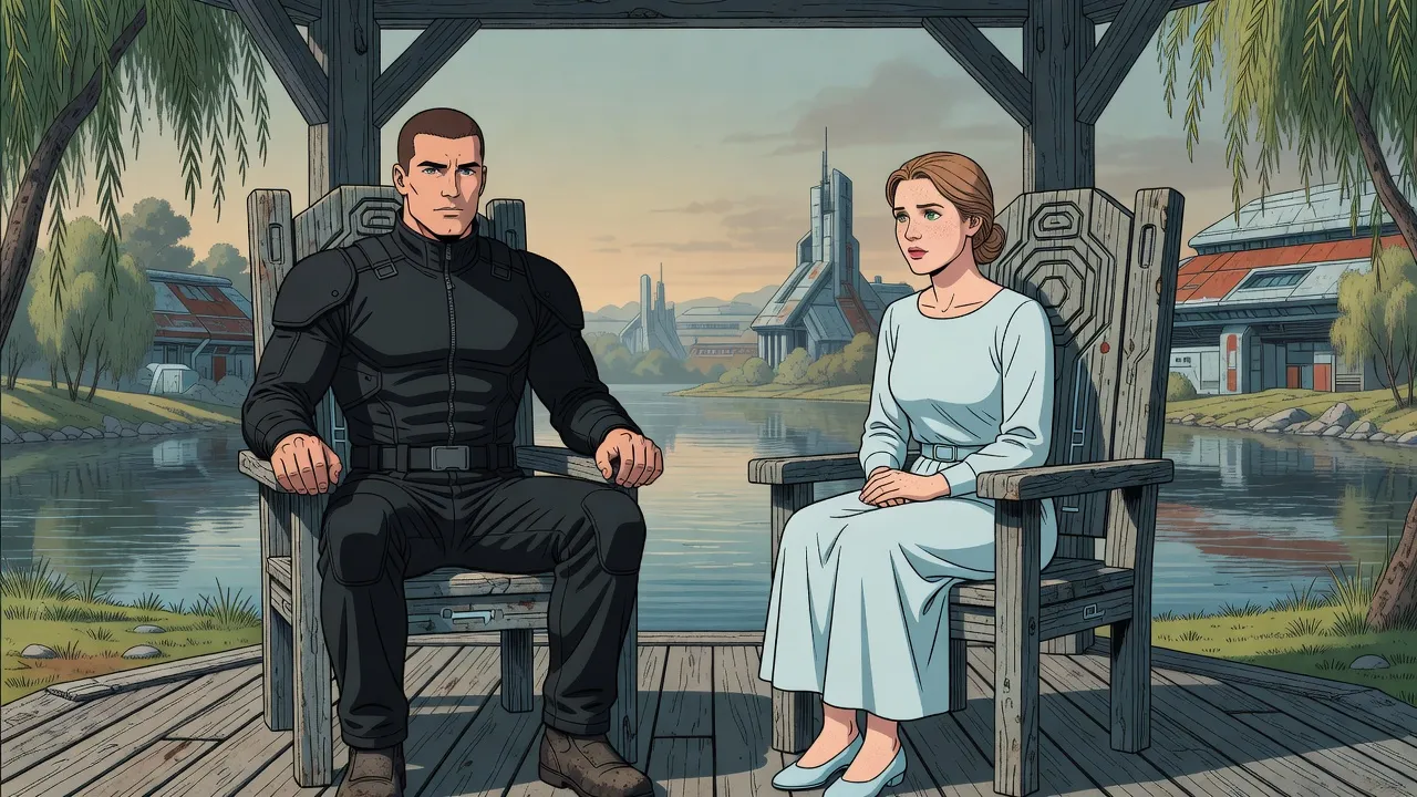 In a riverside gazebo a young woman sits upright in one armchair, speaking seriously, while the stiff, broad-shouldered young man in the armchair beside her stares straight ahead.