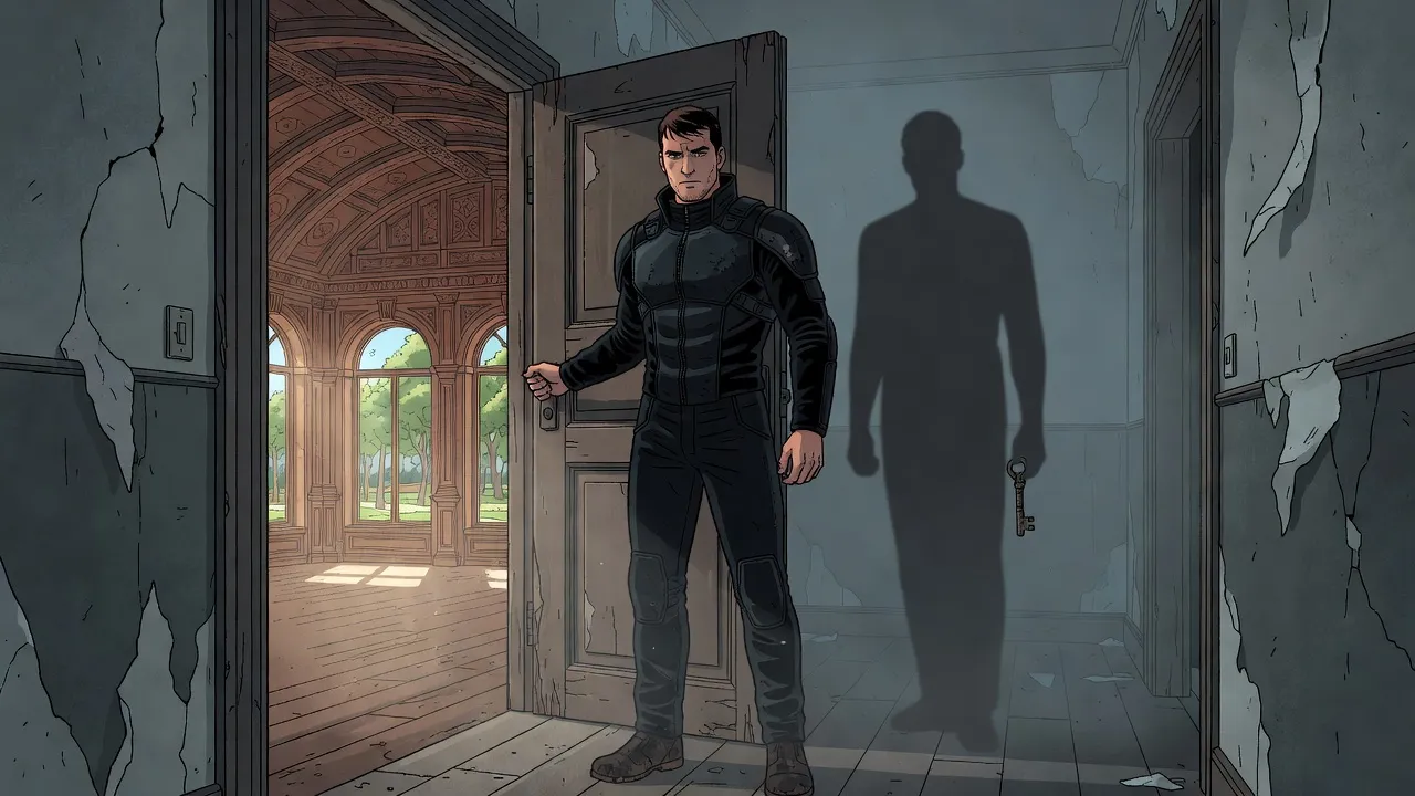 From a dark, shabby hallway a broad-shouldered young man pushes open a door onto a bright vaulted hall and a sunlit park, while a shadowy figure fades behind him.
