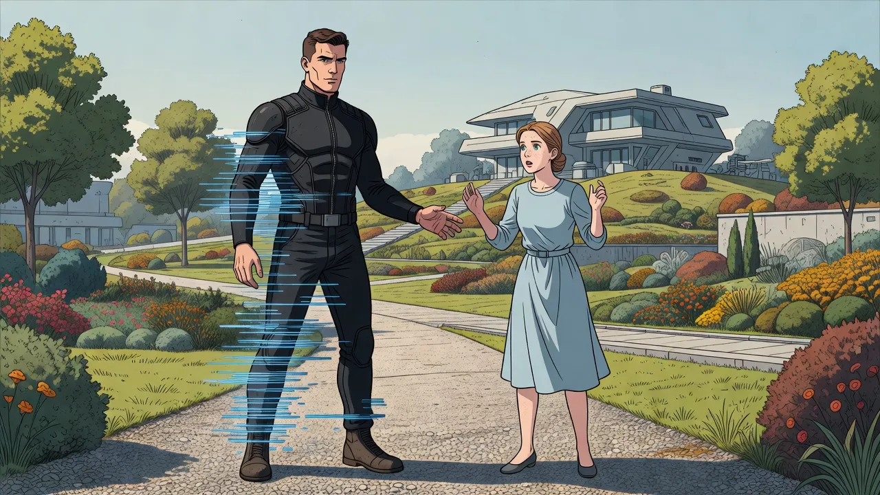On a sunny park path below a house on a hill, a broad-shouldered young man flickers into bands of light as the young woman beside him steps back.