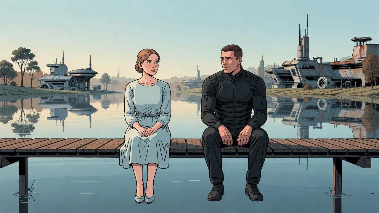 A young woman and a broad-shouldered young man sit a body’s width apart on the edge of a wooden footbridge over a still lake, their legs hanging over the water, looking at each other.