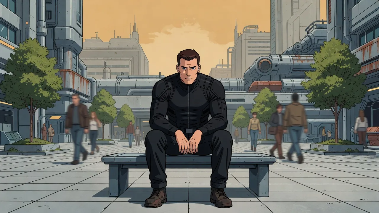 A broad-shouldered young man sits alone and bitter on a bench in a tidy, bright virtual plaza while blurred figures hurry past.