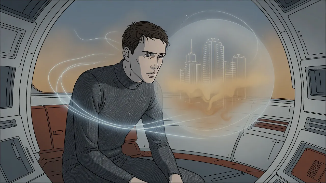 Inside a white capsule a thin young man hunches toward a glowing model of skyscrapers with a band of ochre haze sinking down them.