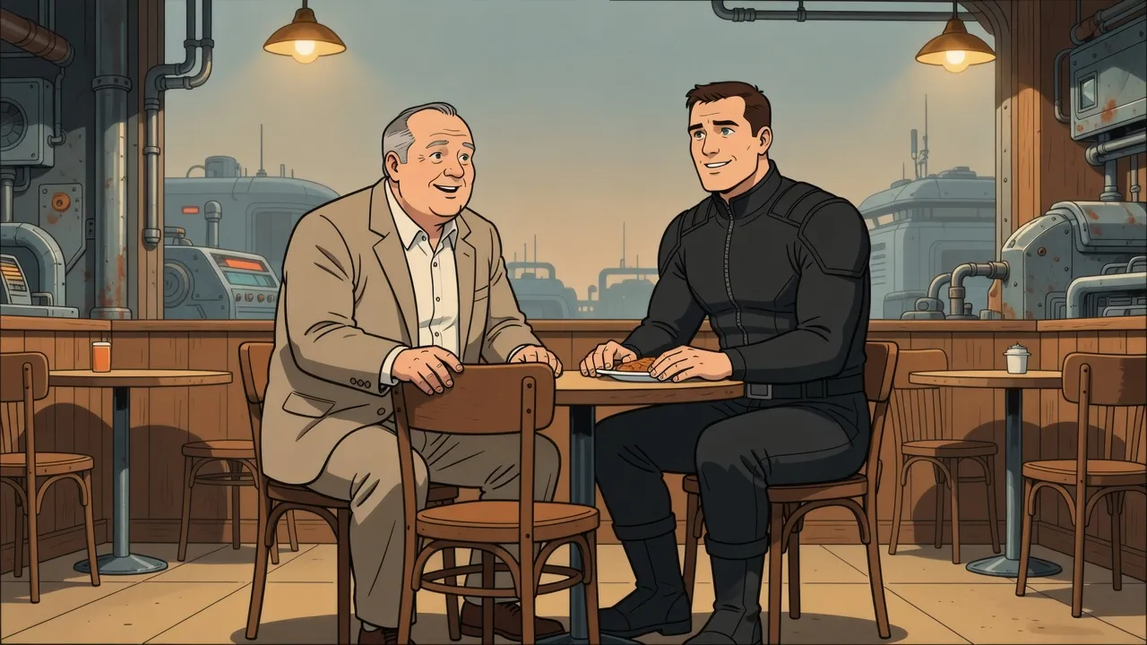 In a warm virtual café a portly, smiling man sits down opposite a broad-shouldered young man who smiles back.