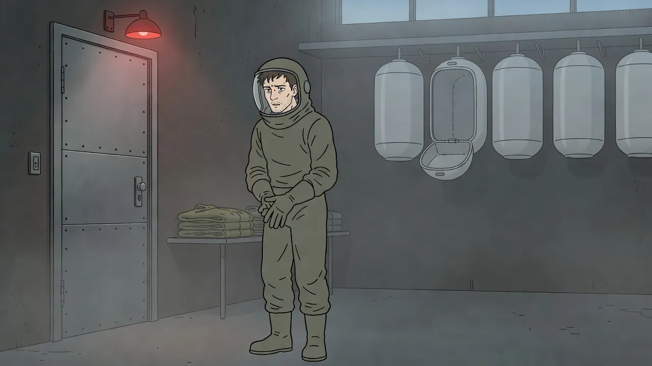 In a dark flat, a thin young man in a bulky protective suit pulls on a glove beside a steel door under a small red lamp, a row of white capsules hanging on the wall behind him.