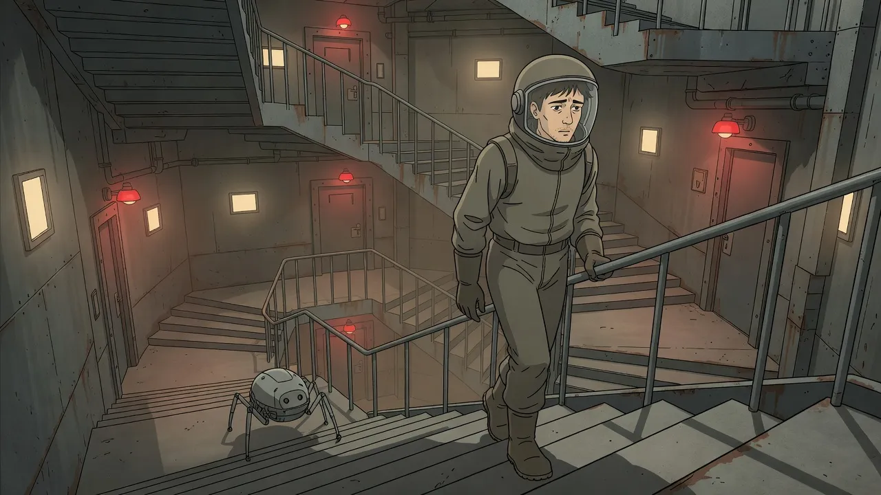 A young man in a bulky protective suit trudges down a dim concrete stairwell lit by small red lamps while a little six-legged robot scuttles past.