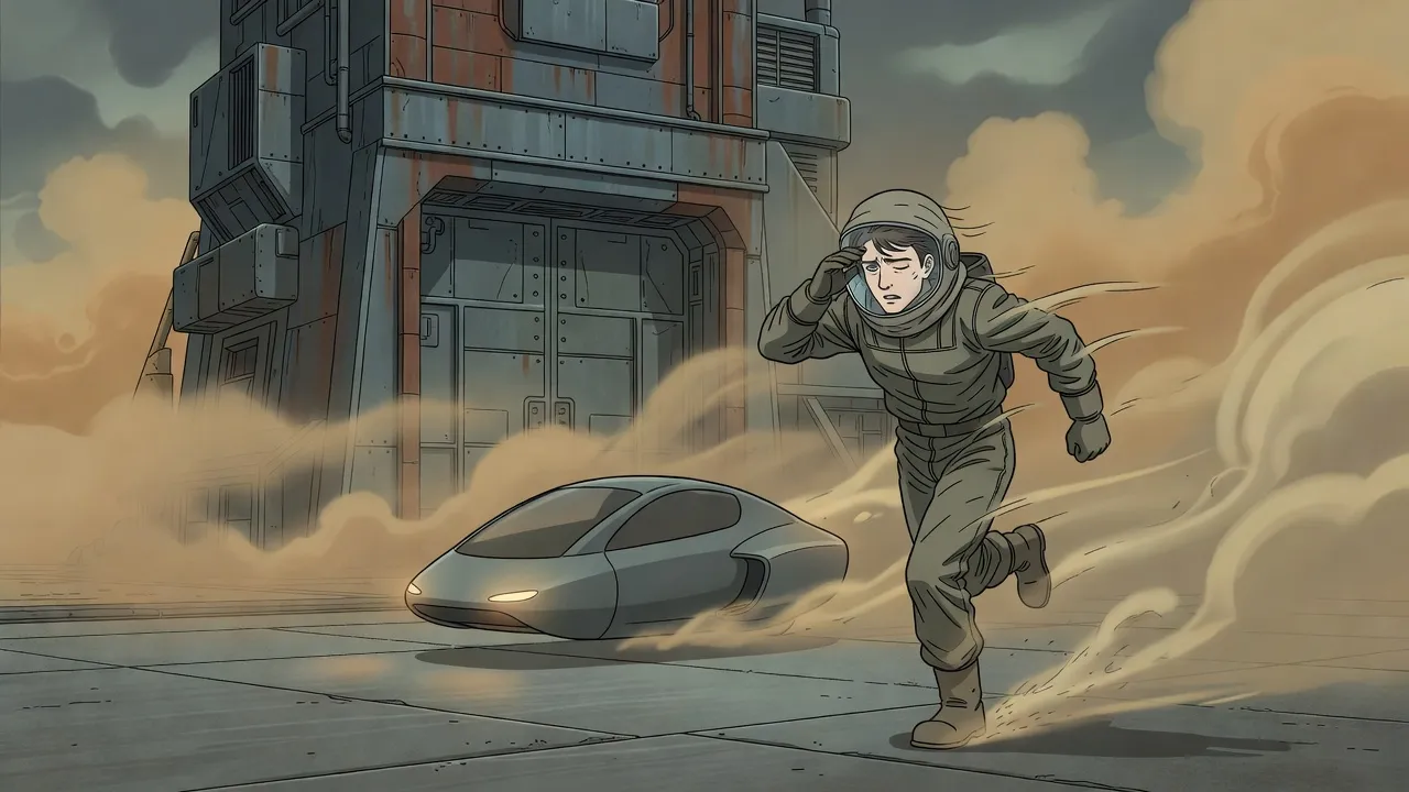 In swirling yellow-grey fog, a young man in a protective suit runs hunched against the wind toward a small flying car with glowing lights.