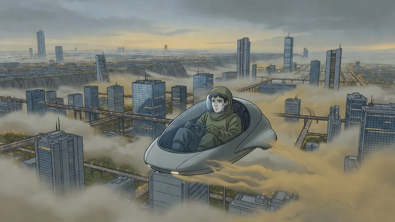 A small flying car rises out of a sea of yellow fog into a vast city of towering blocks, roads of light and countless windows.