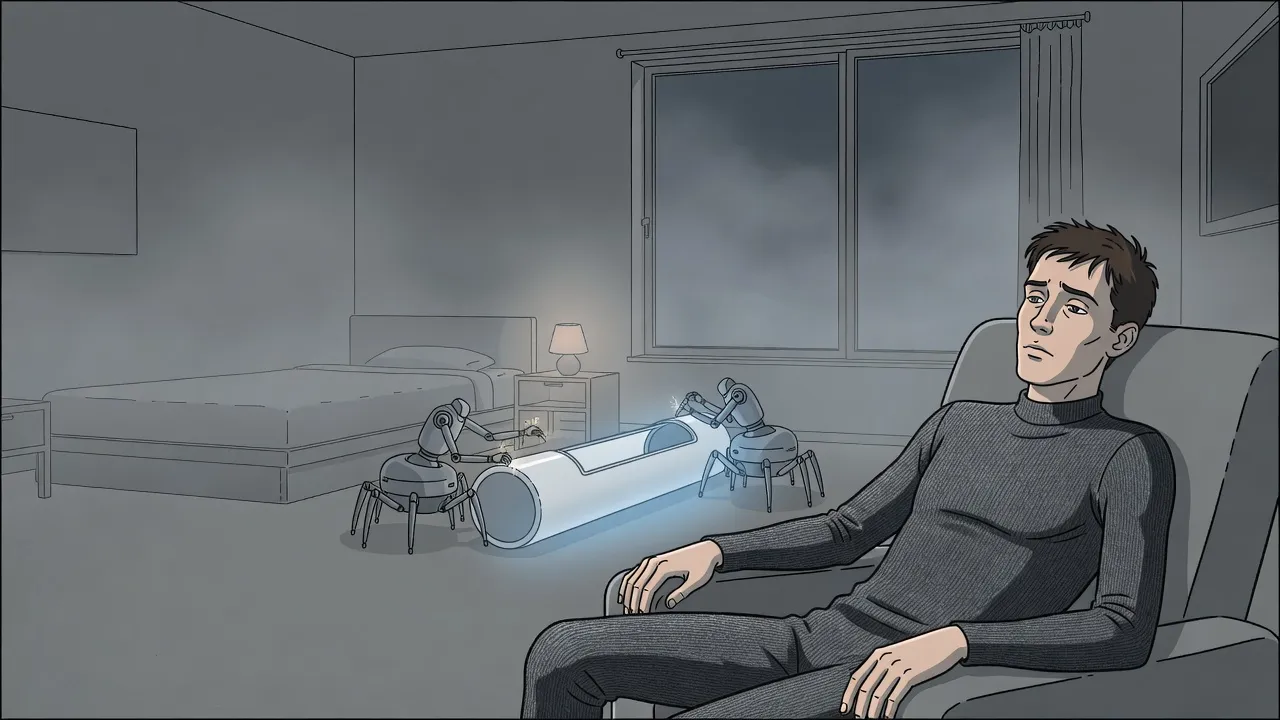 In a bare, roomy apartment at midnight, small robots finish assembling a white capsule while a thin young man sits slumped in an armchair.