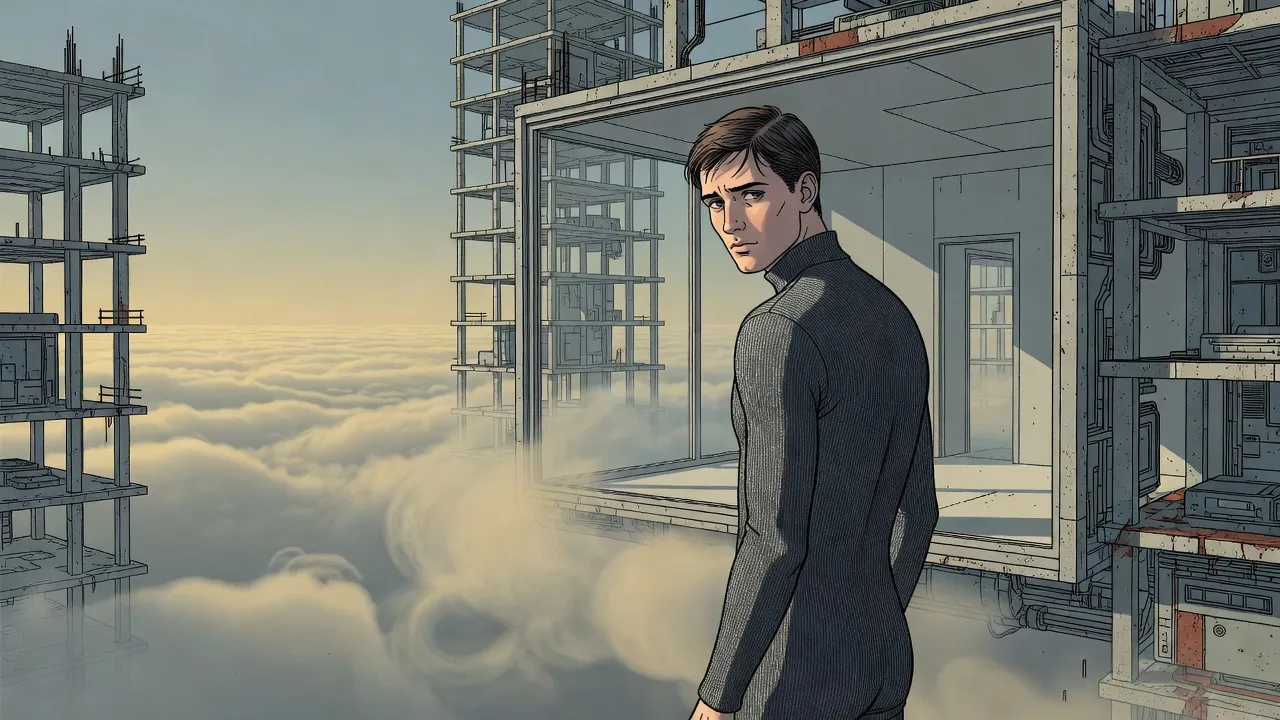 A thin young man in a dark suit stands at a high opening in an unfinished tower and glances back over his shoulder, a sea of fog lying just below and the bare concrete frames of other towers around him.