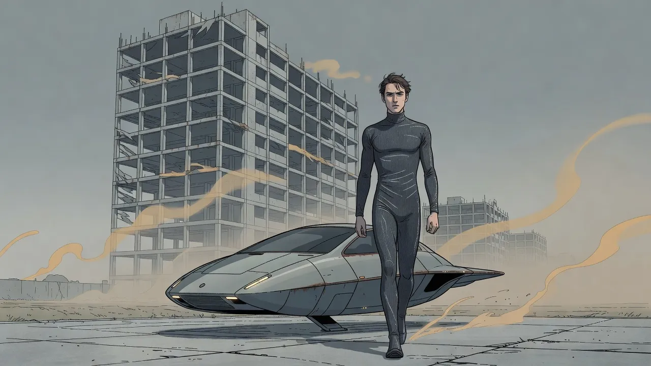 A thin young man walks toward a small flying car landing at the foot of a gigantic unfinished tower whose empty window frames gape against a grey sky.