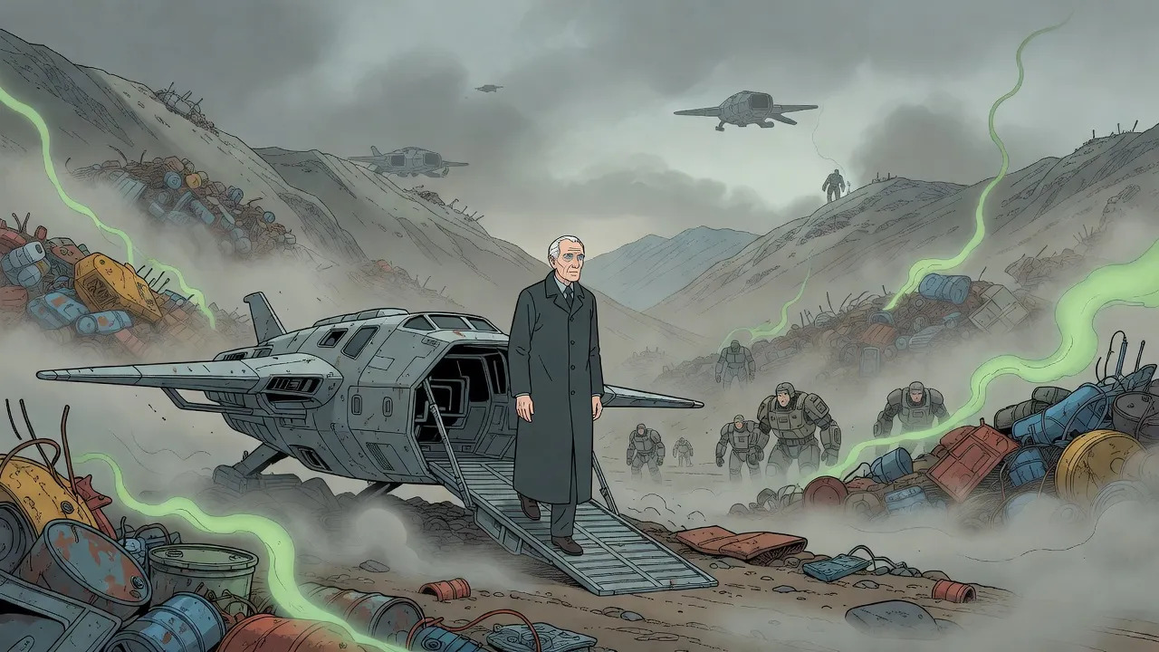 On grey mountain slopes buried in rubbish and low fog, a lean old man in a long dark coat walks down a metal ramp while armoured figures fan out behind him.