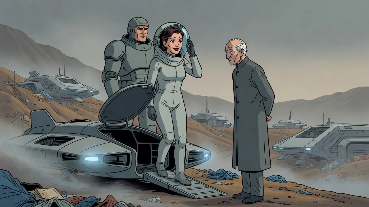 On a rubbish-strewn mountainside a huge armoured guard stands behind a dark-haired woman in a light grey suit who steps from a flying craft pushing back her visor, while a lean old man waits.