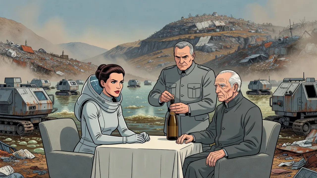 By a bubbling poisonous lake ringed by squat machines, a woman in a light grey suit and a lean old man argue at a table while an officer opens a bottle of champagne.