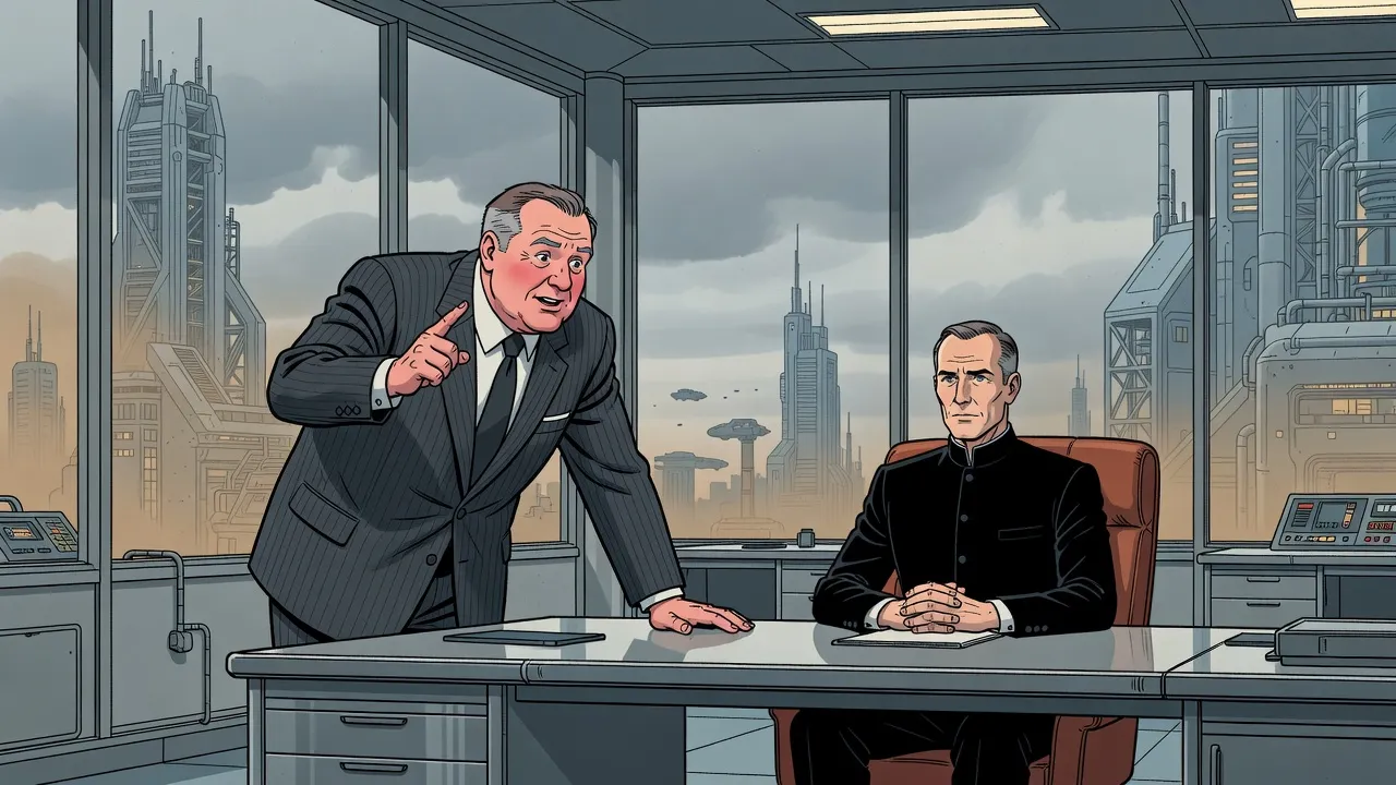 In a large corporate office a heavy, flushed man leans eagerly over his desk toward a calm man sitting in an armchair.