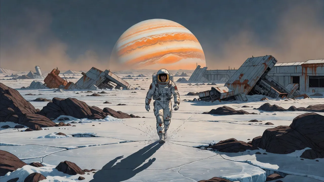 A lone figure in a white pressure suit trudges across a cracked plain of ice under a black sky filled by a huge banded planet.