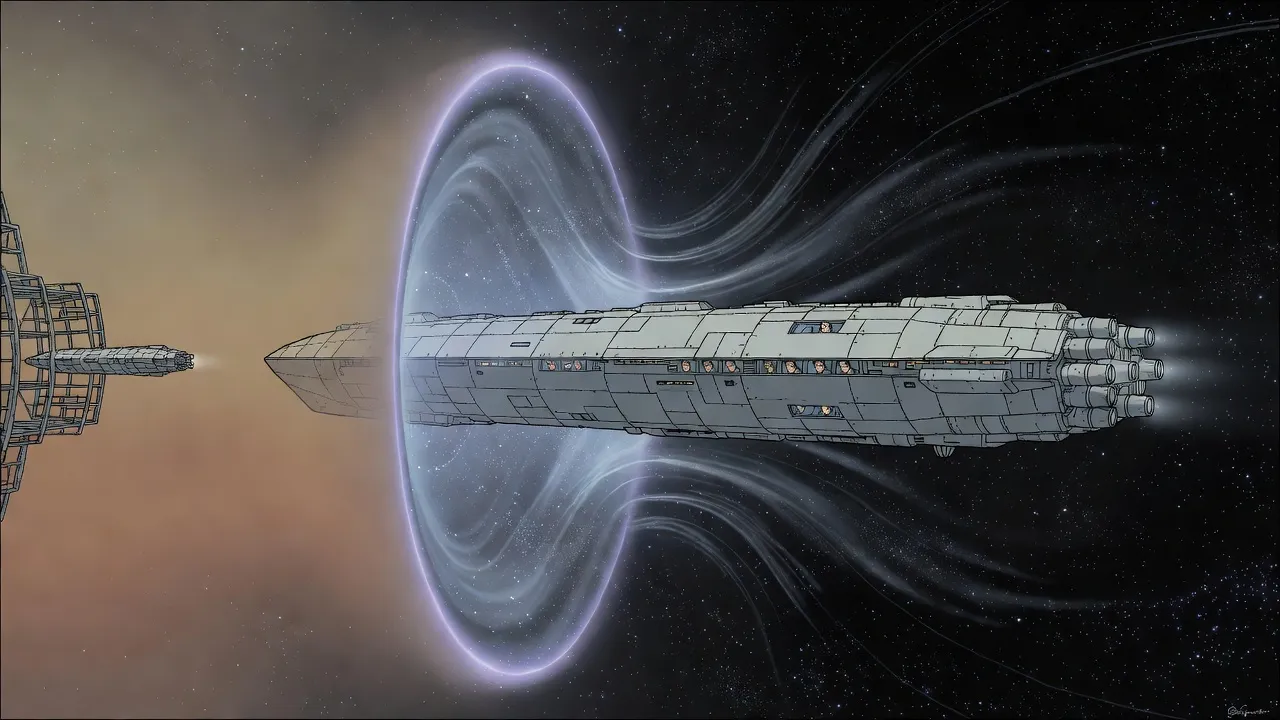 A long grey colony ship slides into a vast funnel of twisted starlight and fades, while a second ship waits far behind in a construction frame.