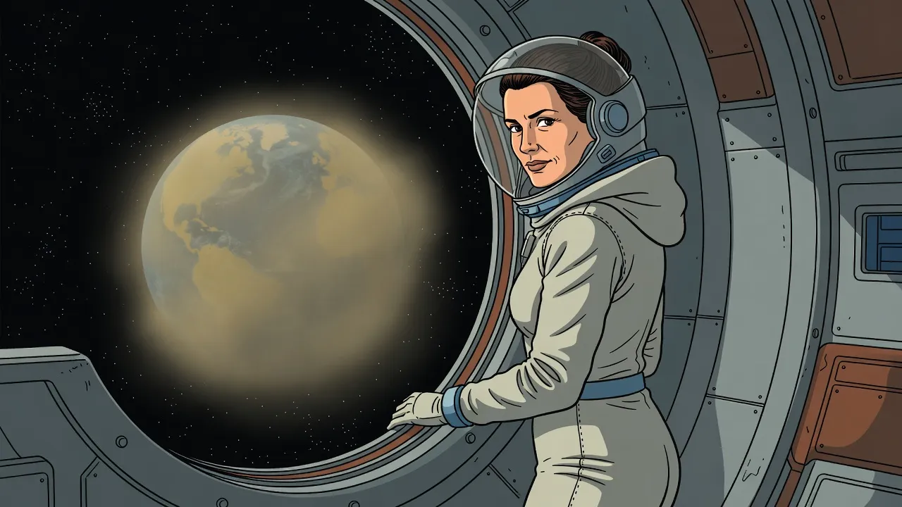 A dark-haired woman in a light grey suit and clear-visored helmet stands at a ship’s round porthole and glances over her shoulder, an Earth wrapped in dull yellow haze beside her.
