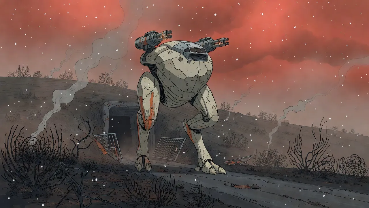 A colossal cream-grey two-legged walking machine with a laser on each shoulder strides out of a tunnel onto a blackened, smoking hillside under low crimson clouds as grey ash falls like snow.