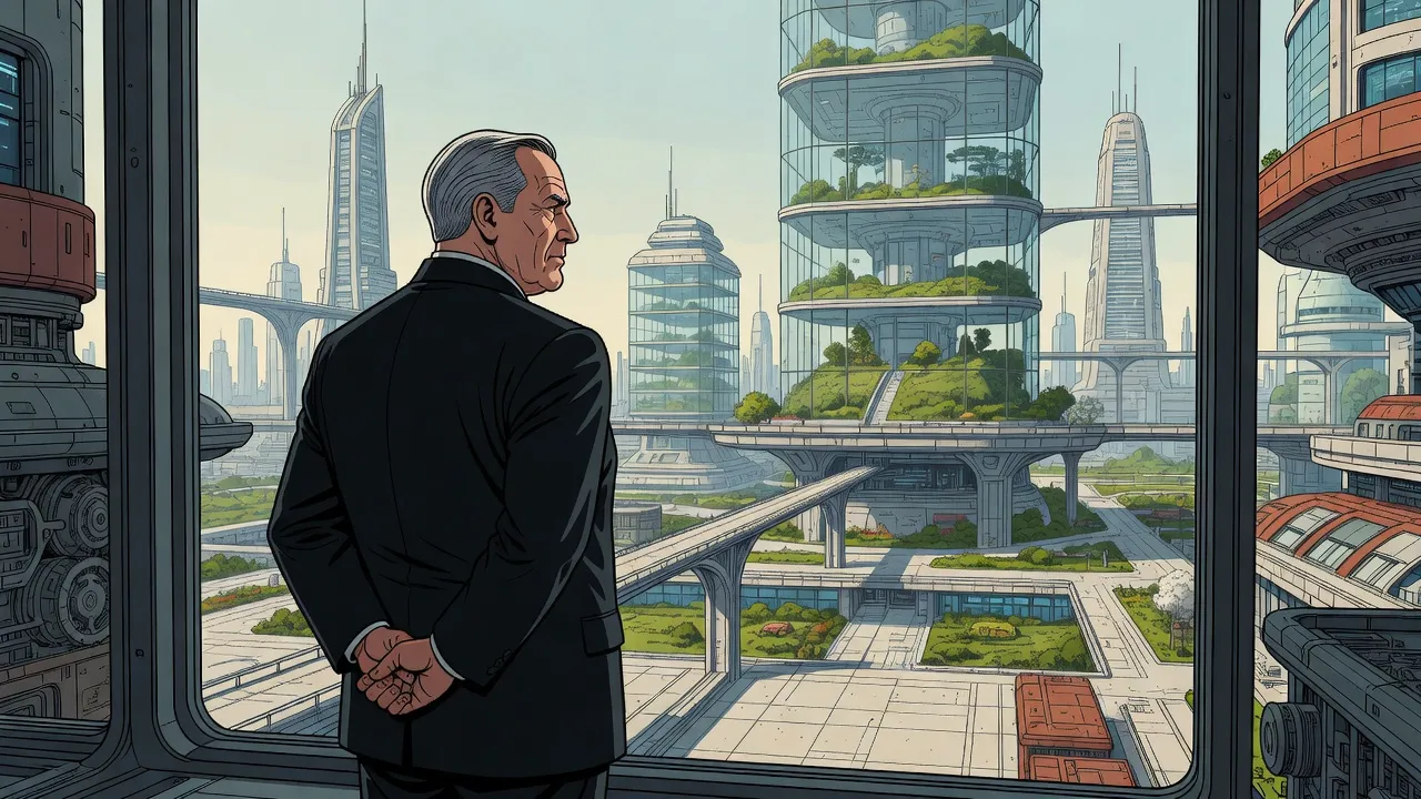 An elderly, stocky man in a dark high-collared suit stands at a tall window looking out over glass-walled towers full of gardens rising into the clouds, with a plaza repeated on level after level far below.