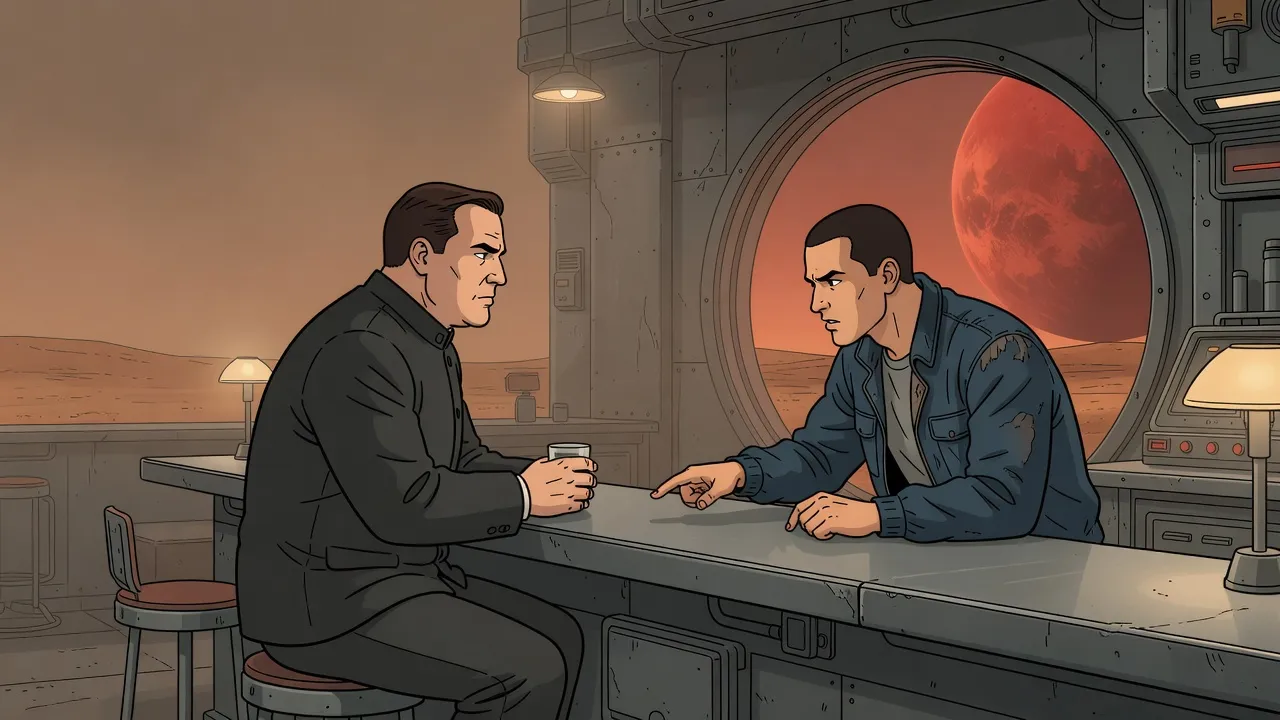 Two young men sit talking at a bar counter aboard a space station, one stocky in a grey suit, the other lean and angry in a worn pilot’s jacket, with a huge rust-red planet filling the round window behind them.