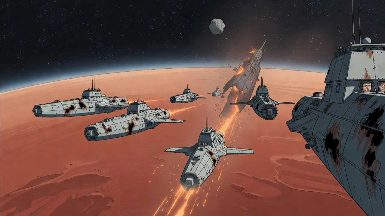 A small squadron of battered, patched old warships flies above a rust-red planet while the wreck of another ship burns up in streaks of fire in its thin sky.