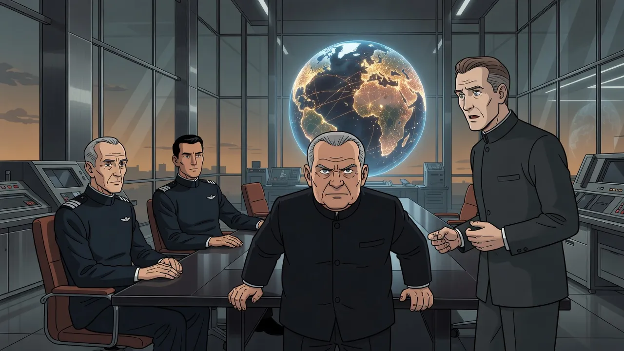 An elderly man in a dark suit stands leaning on a long table before a glowing hologram of the Earth, while an old admiral and a younger admiral sit watching and a tall civilian official stands beside him.