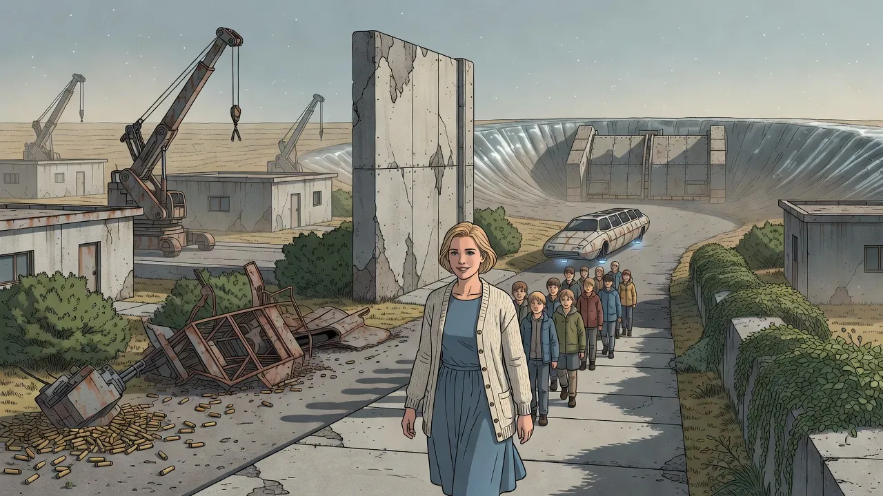 A young woman in a cardigan leads a class of children down an alley of low shrubs toward heavy bunker gates in a crater, past a towering pitted ceramic plate and a rusting machine frame.