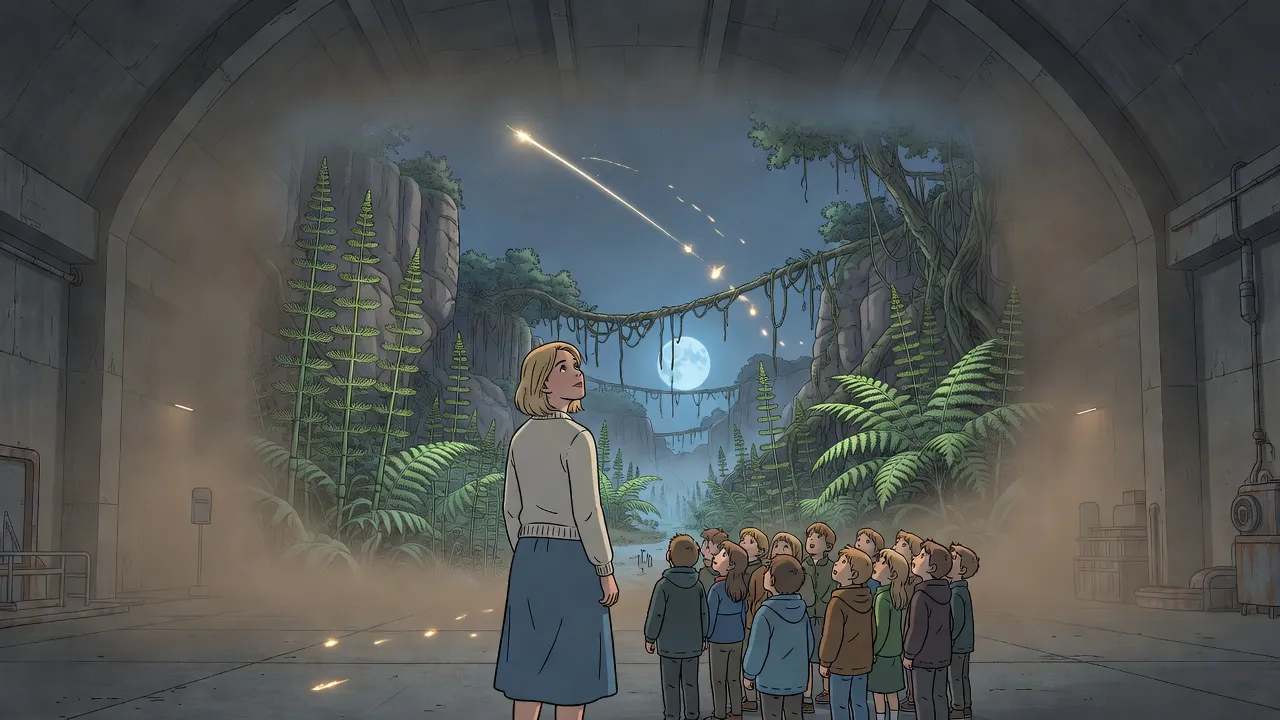 Children and a young teacher, seen from behind, stand at the edge of a glowing holographic night jungle of giant horsetails and ferns as a bright star streaks across the full moon, shedding fireballs.