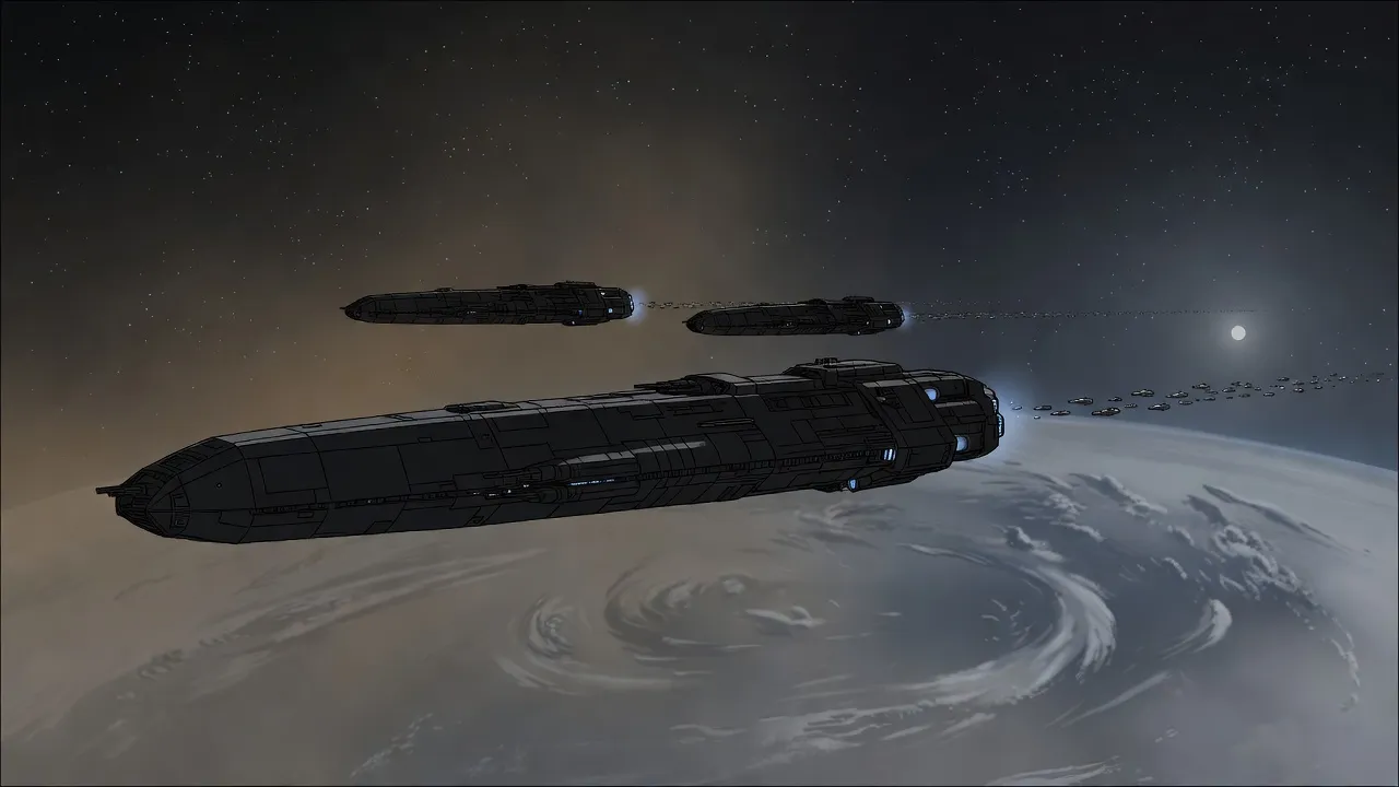 Three long black warships glide toward a planet streaked with grey cloud, their outlines picked out only by faint engine flashes, with a stream of tiny silver craft behind them.