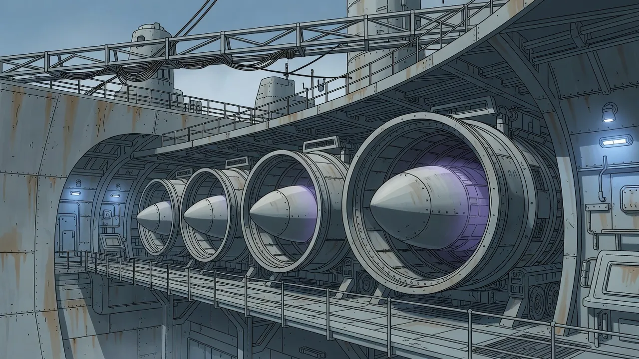 Inside a vast warship, the round mouths of enormous launch tubes glow faintly, with the blunt noses of huge missiles waiting deep inside.