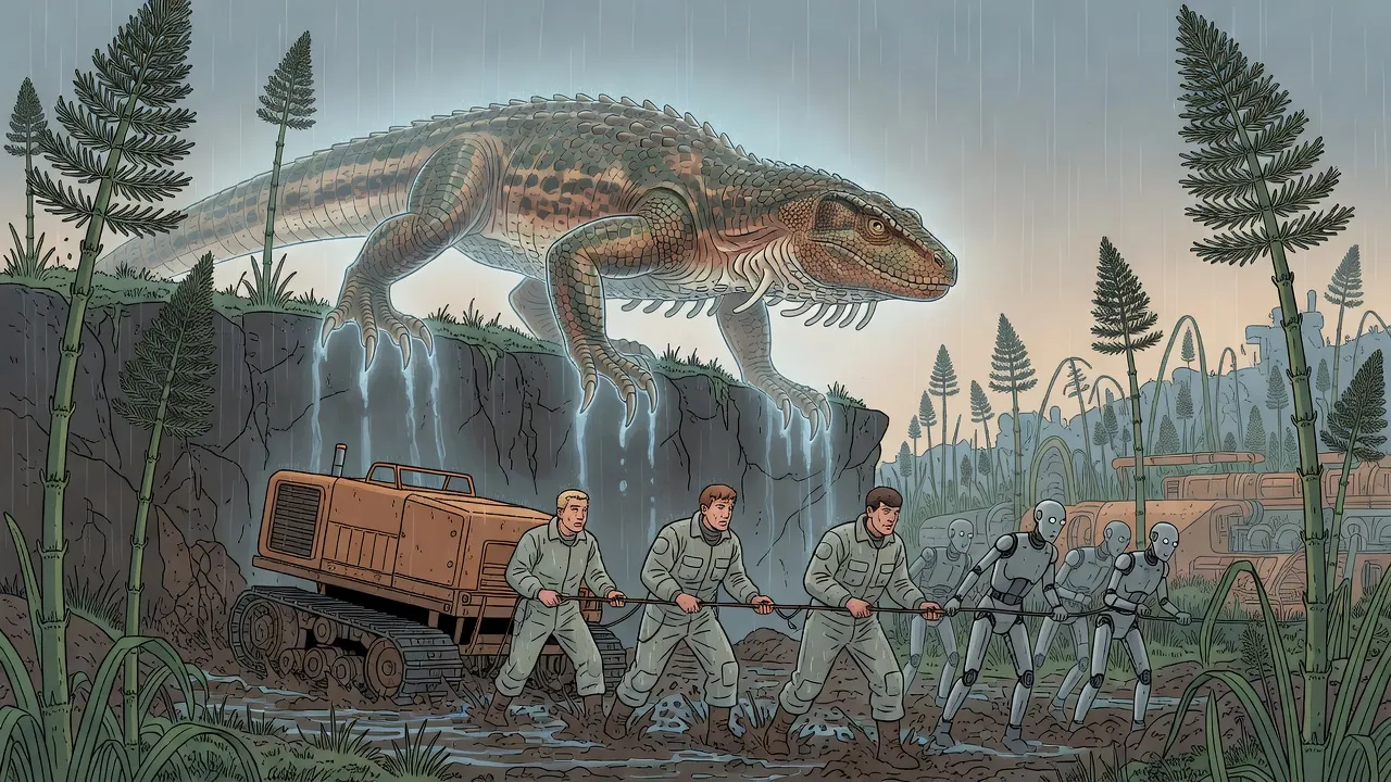 In holographic rain, a huge lizard like a tyrannosaur clings to a cliff above a marsh where small figures haul at a sinking tracked machine.