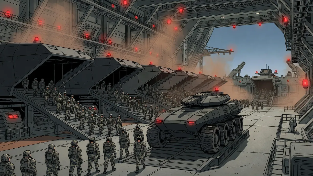 In a vast red-lit hangar, a column of armoured soldiers with closed visors files up ramps into boxy landing ships as an eight-wheeled tank rolls out beside them.