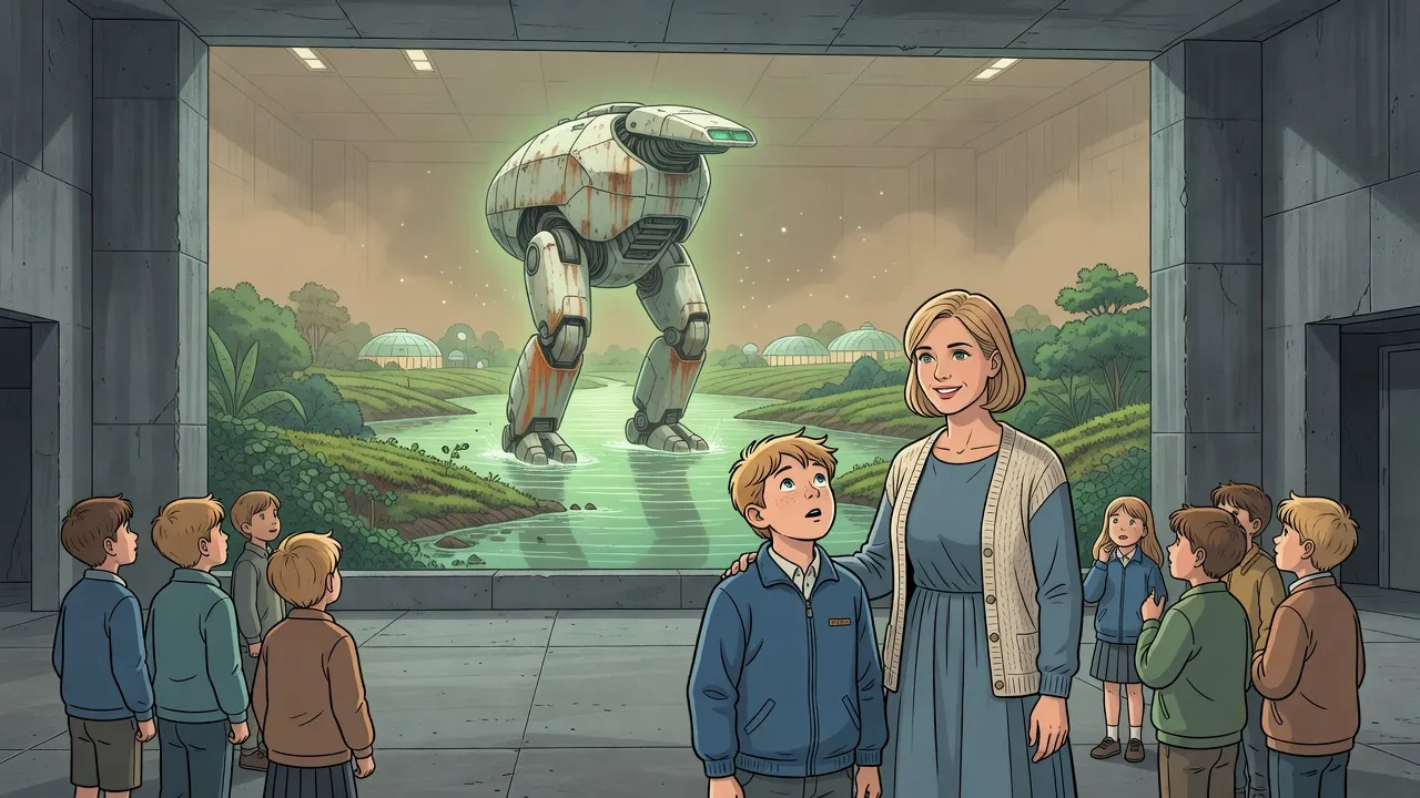 A young teacher smiles as a boy and his classmates gaze up at a glowing hologram of a giant two-legged armoured machine wading a jungle river.