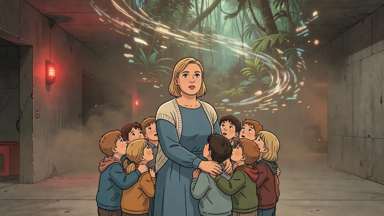 In a dark museum corridor lit only by a red emergency lamp, a young teacher gathers a group of children close around her as the glowing hologram behind them breaks apart.