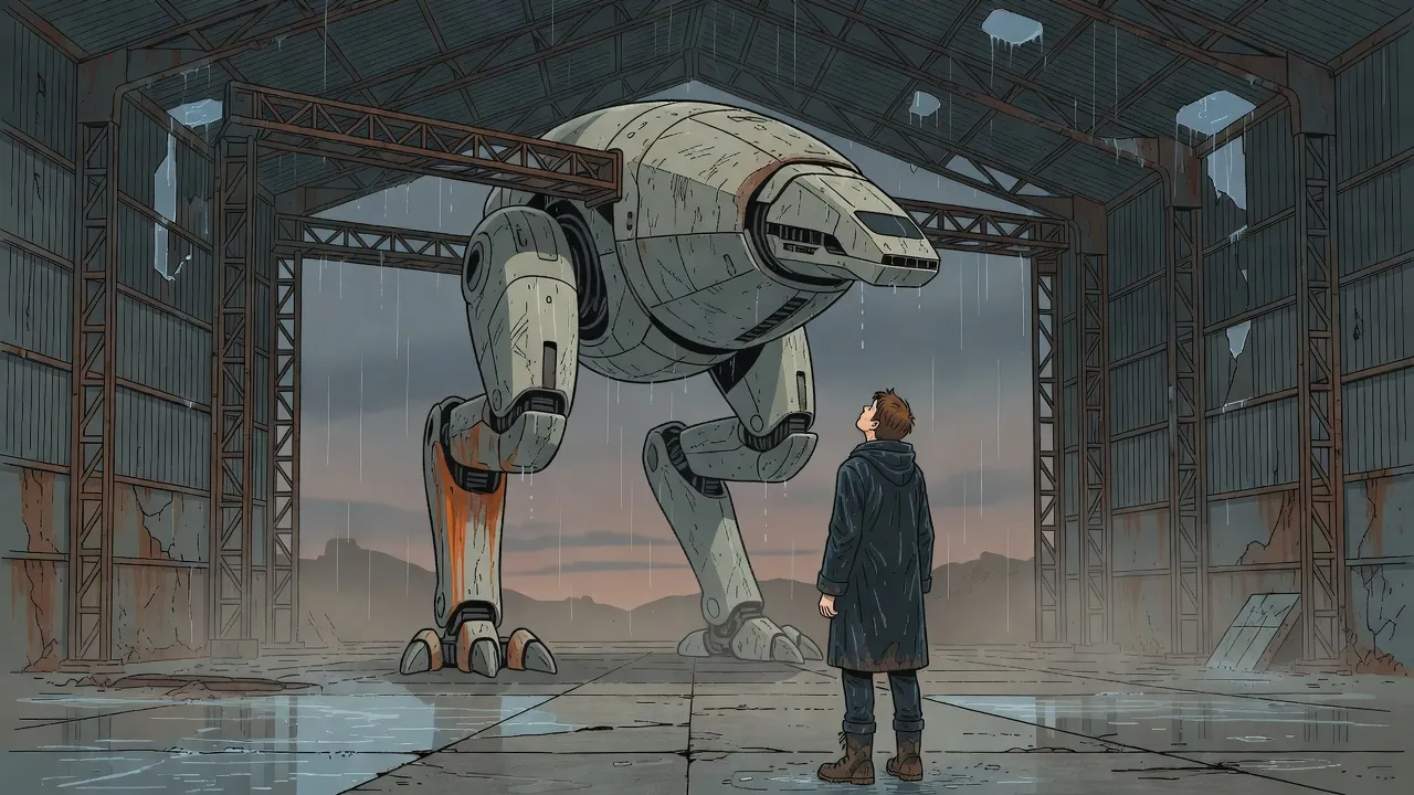 Seen from behind, a young man in a hooded rain jacket looks up at a giant dormant walking machine held in a scaffold of service towers inside a leaking old hangar.